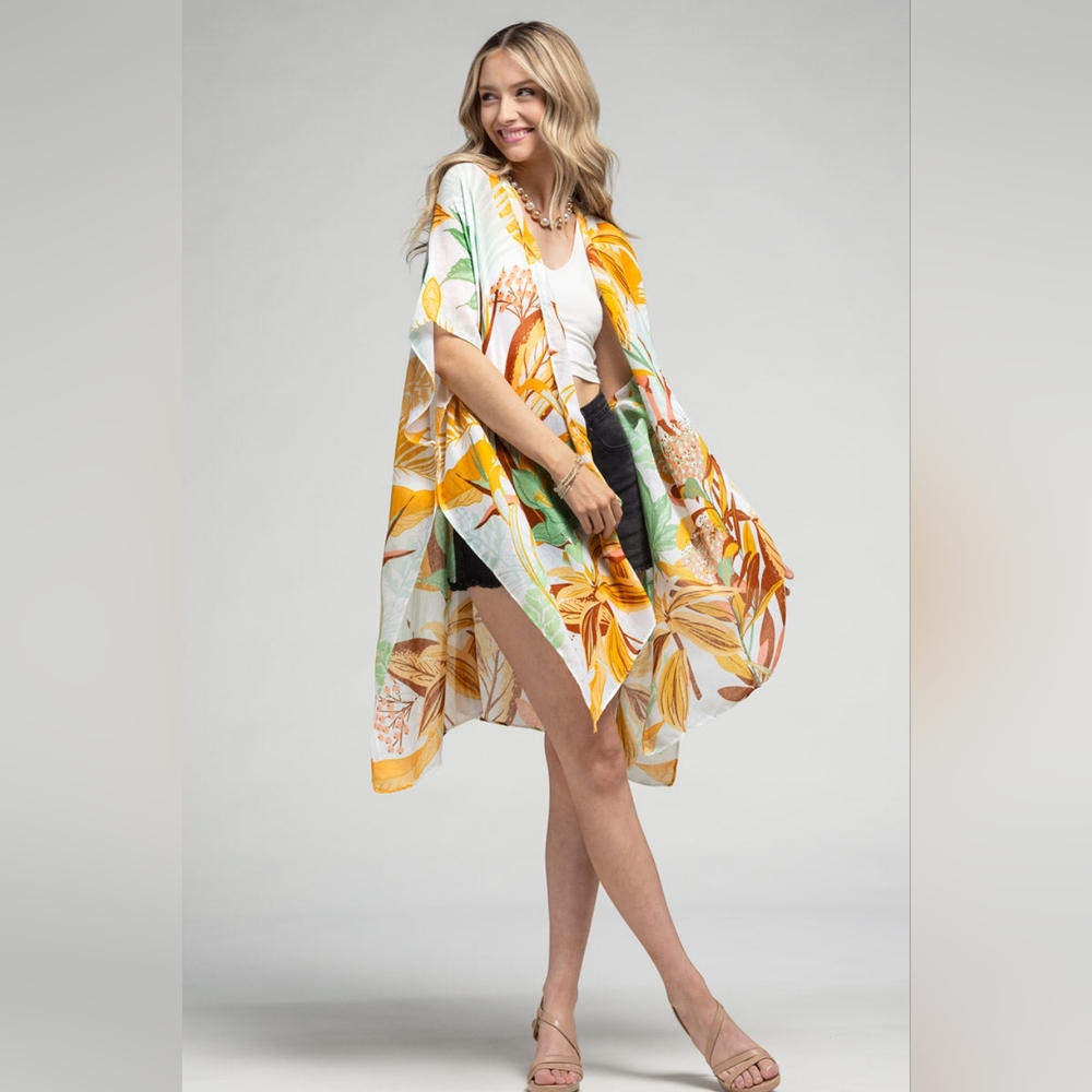 Tropical Leaves & Flowers Kimono - Large Floral Print - Lightweight & Breezy - Picture 3 of 6